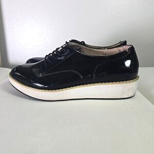 Steve Madden Patent Leather Black Loafers Shoes10M Wedge Chunky Heel Academia
